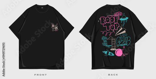 Graffiti t shirt design, Streetwear graphic for clothing design. Urban t-shirt design for print.  Merch and apparel design. Scribble, doodles, cartoon vector illustration. Oversized tee mockup