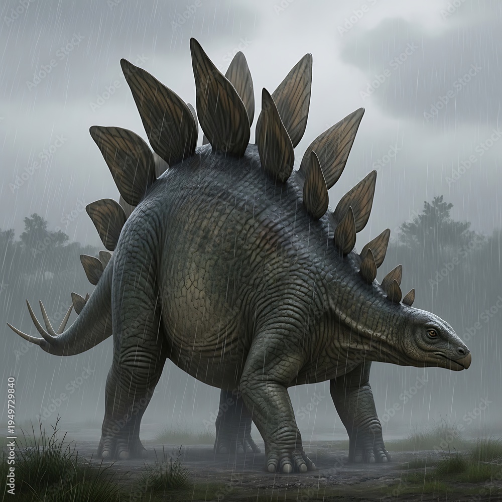 Fototapeta premium Stegosaurus dinosaur in a prehistoric landscape.