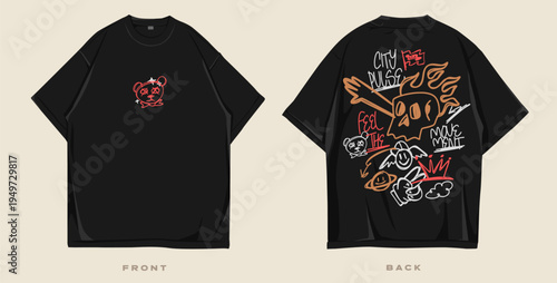 Graffiti t shirt design, Urban t-shirt design for print. Streetwear graphic for clothing design. Merch and apparel design. Scribble, doodles, cartoon vector illustration. Oversized tee mockup