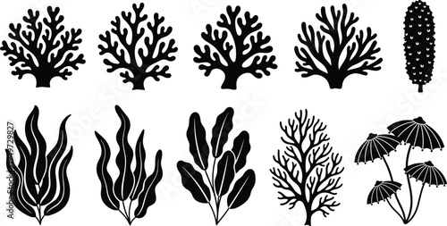 Underwater coral reef and seaweed silhouette collection vector set, marine ocean plants and aquatic elements bundle