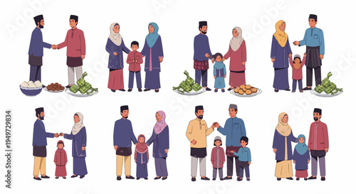 Set of Muslim family characters celebrating Hari Raya Aidilfitri with traditional food, greetings, and attire in flat illustration style.