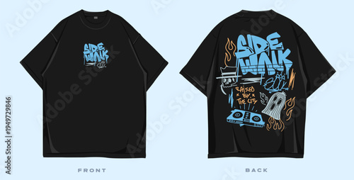 Graffiti t shirt design, Urban t-shirt design for print. Streetwear graphic for clothing design. Merch and apparel design. Scribble, doodles, cartoon vector illustration. Oversized tee mockup