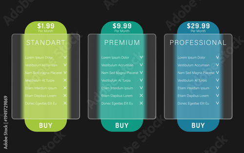 Glassmorphism pricing table ui elements set. Modern three column subscription plans with blur effect and vibrant gradient glow. Vector template for SaaS landing pages, mobile apps.