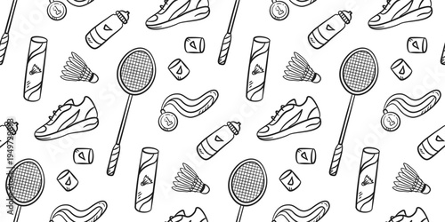 Badminton doodle background. Badminton equipment pattern background. Cute badminton seamless pattern for kids. Sport hand drawn seamless pattern with racket, shuttlecock, medal, bottle, shoes.