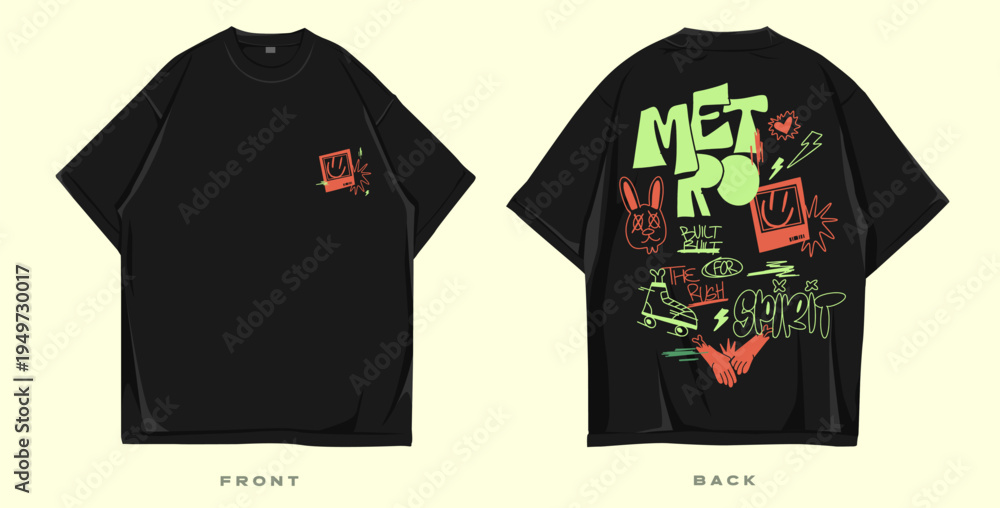 Obraz premium Graffiti t shirt design, Urban t-shirt design for print. Streetwear graphic for clothing design. Merch and apparel design. Scribble, doodles, cartoon vector illustration. Oversized tee mockup