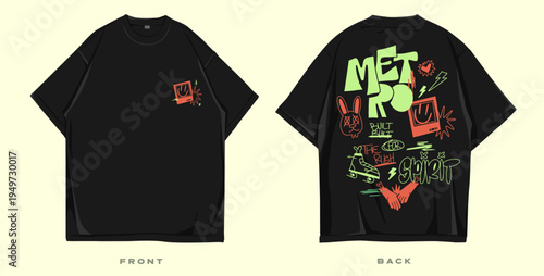 Graffiti t shirt design, Urban t-shirt design for print. Streetwear graphic for clothing design. Merch and apparel design. Scribble, doodles, cartoon vector illustration. Oversized tee mockup