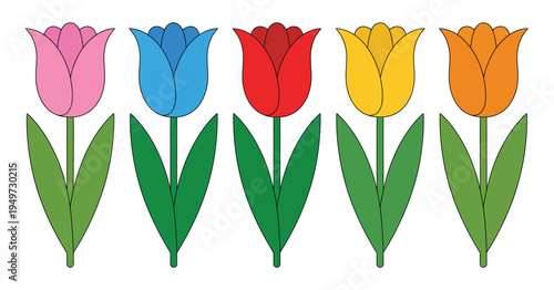 Row of Five Bright Tulip Flowers in Pink Blue Red Yellow and Orange