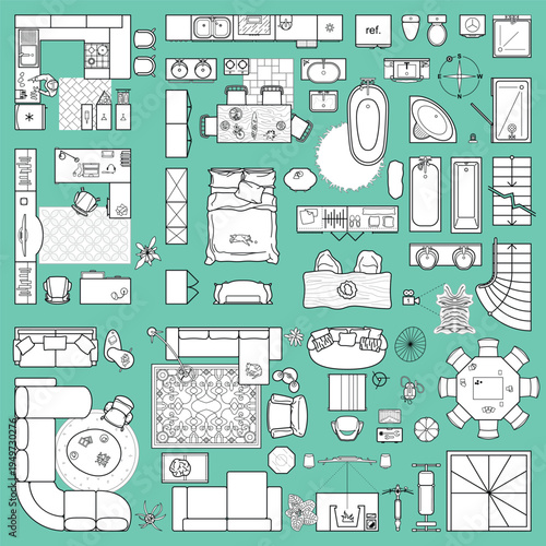 Floor plan icons set for design interior and architectural project view from above. Furniture thin line icon in top view for layout. Blueprint apartment. Vector