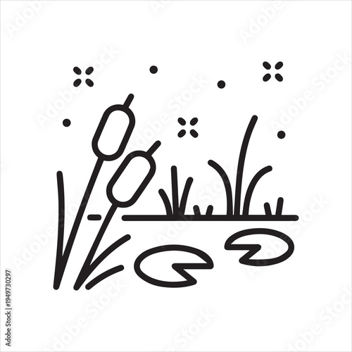 Pond with cattails and lilies, linear icon, swamp. Line with editable stroke