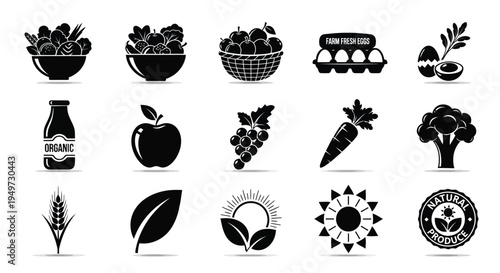Black icons of organic food and eco friendly products on white background for healthy lifestyle and nutrition concepts