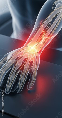 Medical illustration of human wrist and hand bones with pain highlighted