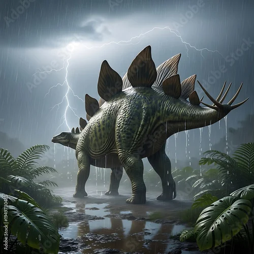 Fototapeta Stegosaurus dinosaur in stormy prehistoric landscape.