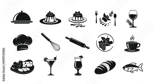 Black and white food and drink icons set including chef hat wine glasses plates of food and kitchen utensils on a plain background for culinary or restaurant concepts