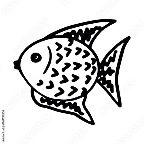 Hand drawn happy funny cute fish Adorable friendly kawaii tropical fish Underwater world sea life ocean Fishing seafood For design, kids print, kids books, nursery decor, coloring pages, logo