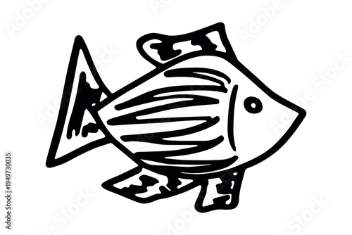 Hand drawn happy funny cute fish Adorable friendly kawaii tropical fish Underwater world sea life ocean Fishing seafood For design, kids print, kids books, nursery decor, coloring pages, logo