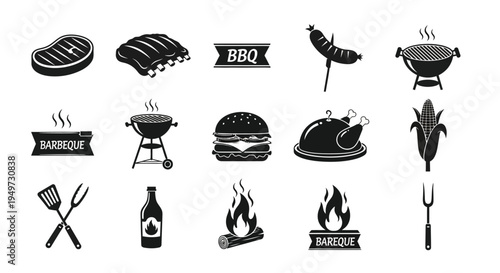 Bbq and barbecue elements with food grills flames and utensils on white background