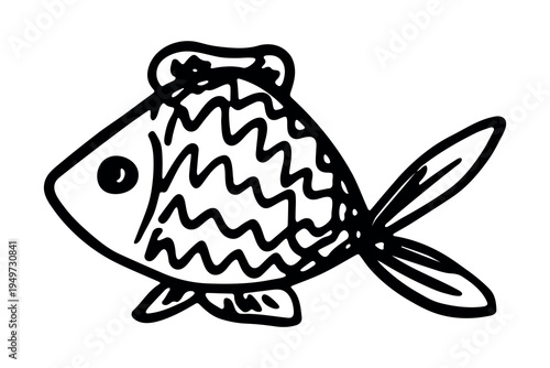 Hand drawn happy funny cute fish Adorable friendly kawaii tropical fish Underwater world sea life ocean Fishing seafood For design, kids print, kids books, nursery decor, coloring pages, logo
