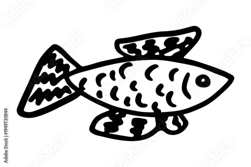 Hand drawn happy funny cute fish Adorable friendly kawaii tropical fish Underwater world sea life ocean Fishing seafood For design, kids print, kids books, nursery decor, coloring pages, logo