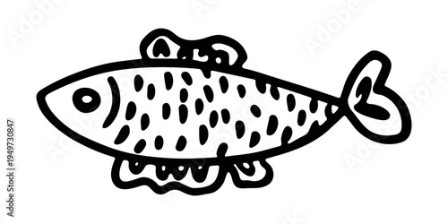 Hand drawn happy funny cute fish Adorable friendly kawaii tropical fish Underwater world sea life ocean Fishing seafood For design, kids print, kids books, nursery decor, coloring pages, logo