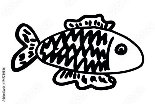 Hand drawn happy funny cute fish Adorable friendly kawaii tropical fish Underwater world sea life ocean Fishing seafood For design, kids print, kids books, nursery decor, coloring pages, logo