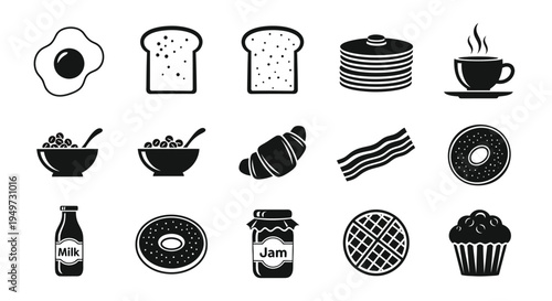 Black and white breakfast icons including eggs toast pancakes coffee cereal croissant bacon donuts milk jam and muffins on white background for food and meal concepts