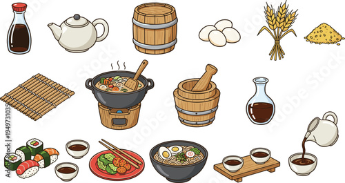 Traditional Japanese food vector set featuring sushi ramen miso soup soy sauce and cooking tools for asian culinary design.