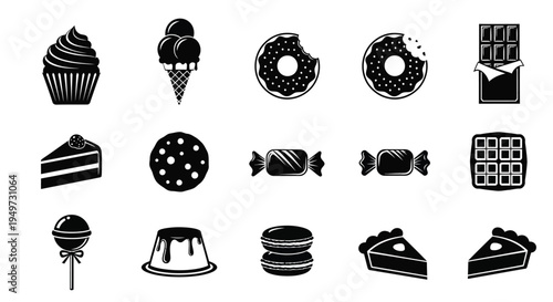 Assorted sweet treats and desserts icons including cupcakes donuts candies and cakes on white background