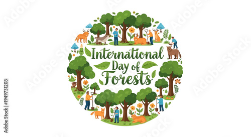 Illustration celebrating International Day of Forests with a colorful design featuring trees, animals, and conservation themes on a white background.