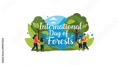 Illustration for International Day of Forests with people protecting trees and globe on a green landscape with a blue planet background.