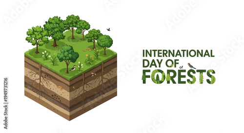 Illustration of a green forest landscape with trees and soil layers for International Day of Forests with a focus on forest conservation and environmental protection.