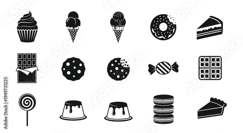 Assorted sweet treats and desserts icons including cupcakes ice cream donuts and candies on white background