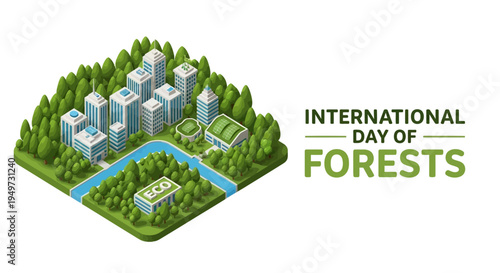 Isometric illustration of a sustainable forest ecosystem concept with buildings, trees, and a river for International Day of Forests, promoting environmental protection and conservation
