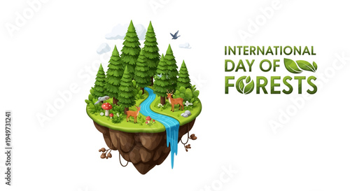 Illustration of a forest ecosystem concept with trees, water, and wildlife for International Day of Forests, promoting forest conservation and environmental protection awareness.