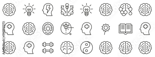 Comprehensive set of brain health and mental wellness line icons representing intelligence, cognitive function, and well-being.