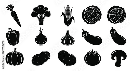 Vegetable icons set including carrot broccoli corn cabbage bell pepper onion eggplant mushroom pumpkin potato tomato