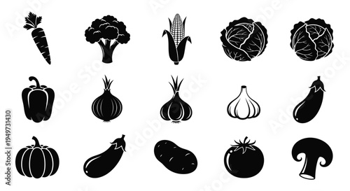 Assorted vegetable icons in black silhouette on white background for food and nutrition concepts
