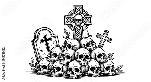 Pile of human skulls and ancient celtic cross tombstone with intricate carvings evoking death and remembrance