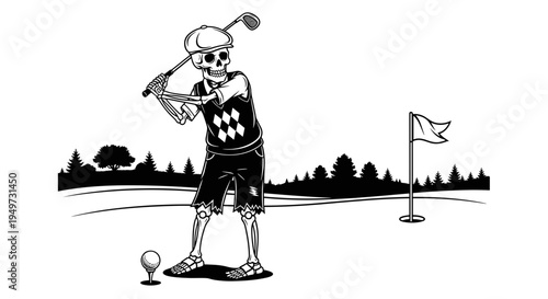 Skeleton golfer swings club on golf course with flag and ball skeletal figure in athletic wear black and white