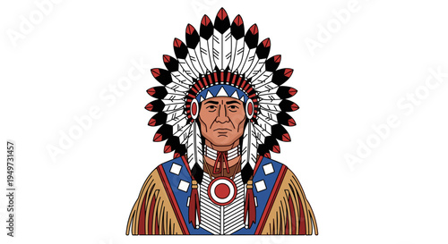 Native american chief portrait with elaborate headdress and traditional attire symbolizing heritage and culture
