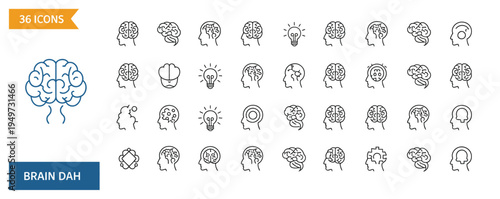Detailed line icons representing the human brain, thinking, ideas, mental processes, and intelligence concepts.