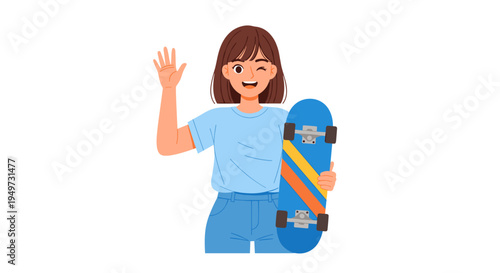 Joyful young girl with brown hair in casual blue clothes holding a skateboard waving hello with a friendly wink