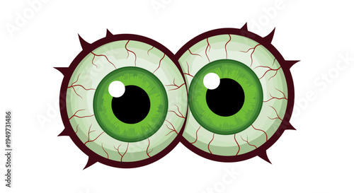 Spooky cartoonish wide open eyeballs with bright green irises and bloodshot sclera menacingly staring forward