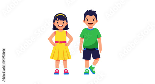 Joyful cartoon boy and girl standing together showcasing diverse friendship and childhood innocence with bright