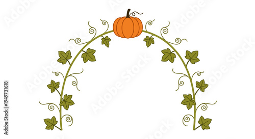 Autumnal pumpkin arch adorned with green vine leaves and tendrils perfect for fall harvest and thanksgiving