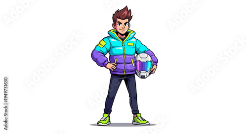 Vibrant cartoon racing driver character in colorful jacket holding helmet standing confidently against a clean white