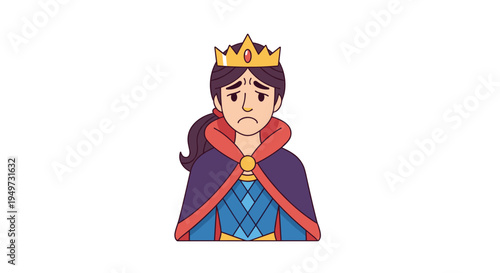 Sad cartoon queen wearing a crown and regal cape expressing disappointment with a frowning face isolated on white