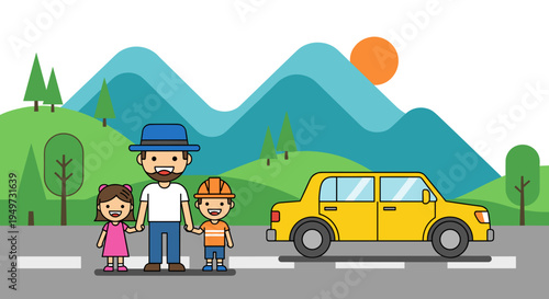 Happy cartoon father with two smiling children holding hands standing near a yellow car on a sunny day with rolling