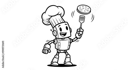Friendly cartoon robot chef wearing a tall white hat happily flipping a pancake with a spatula whimsical illustration