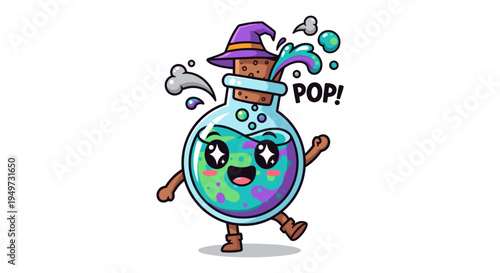 Cute cartoon potion bottle with a witch hat sparkling liquid and cheerful expression celebrating a magical pop