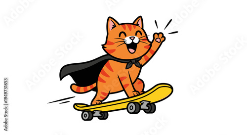 Joyful ginger tabby cat wearing a black cape zooms on a yellow skateboard performing a trick with a raised paw